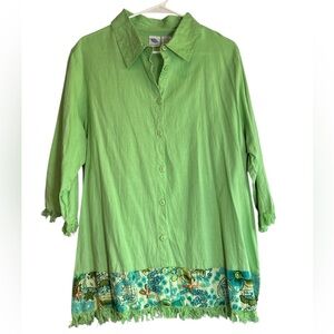 Junonia Linen Blend Tunic Top Women’s Plus Size 1X Green Embellished Fringe Hem